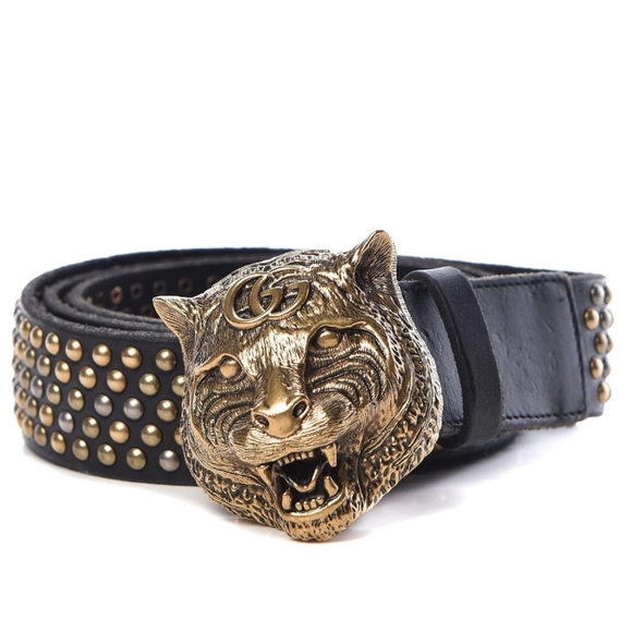 Gucci Accessories - Gucci Silver & Gold Leather Studded Black Feline Tiger Belt Size 90 / 36